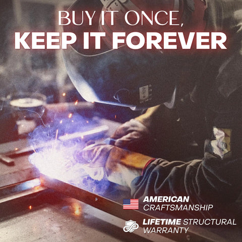 Craftsman welding heavy duty steel firewood rack in USA factory, symbolizing quality and lifetime structural warranty.