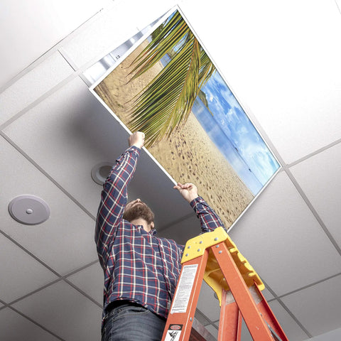 Backlit Film Insert For 2x4 Fluorescent Ceiling Lights, Easy Install Light Cover For School And Office being installed