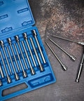 Extra Long Hex Bit Socket Set For Three Eighths Inch Drive, Thirty Two Piece SAE And Metric Allen Bits in blue case with ratchet