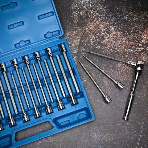 Extra Long Hex Bit Socket Set For Three Eighths Inch Drive, Thirty Two Piece SAE And Metric Allen Bits in blue case with ratchet
