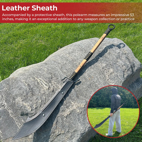 Beefy 53 Inch Chinese Podao Halberd Polearm with hand forged high carbon steel blade and leather sheath on a rock.