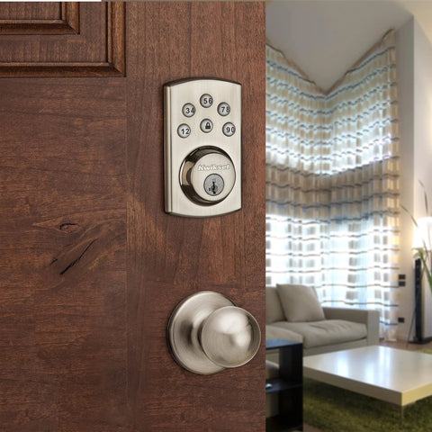 Powerbolt 907 Keyless Entry Deadbolt Electronic Door Lock With 6 Button Keypad in satin nickel on wooden door