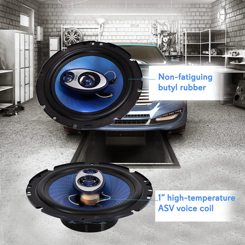 6.5 Inch Triaxial Car Speaker System 180W RMS 360W Peak 4 Ohm Impedance Three Quarter Inch Piezo Tweeter Round Full Range Loud Audio Blue PL63BL Bass Packed Upgrade for Your Car Stereo, blue cone car speaker close-up