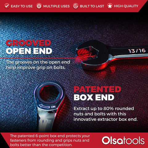 12-Piece SAE Ratcheting Wrench Set With 120-Tooth Gear, Ultra-Slim 3-Degree Swing Arc, close-up of open and box end.