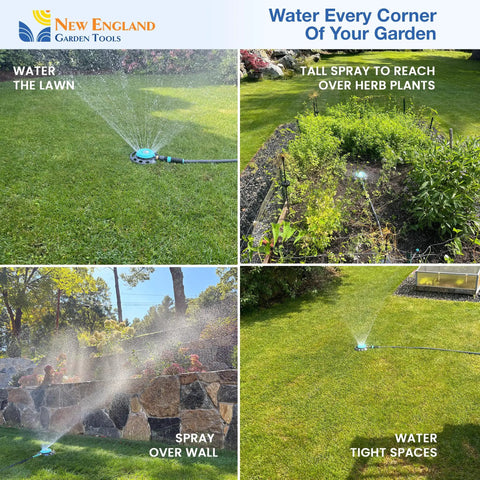 Adjustable Nine Pattern Spot Sprinkler with heavy duty metal base spraying water across a garden, showing versatility in lawn and garden watering.