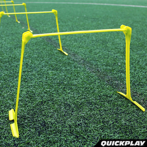 Adjustable Speed Hurdles Set Of 6 For Agility And Plyometrics, Three Heights 6, 9, 12 Inches on turf field