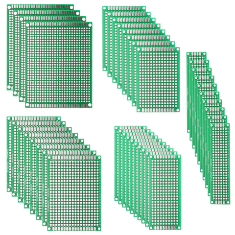 40 Pack Prototyping Printed Circuit Boards Kit With Five Size Universal Perforated Solderable Proto Boards For DIY Electronics Projects Plated Through Holes For Easy Soldering, assorted sizes, green PCBs with plated-through holes.