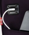 Underseat Carry-On Set 15 Inch Purple Roller Bag With USB Charging Port close-up showing USB port and polyester material