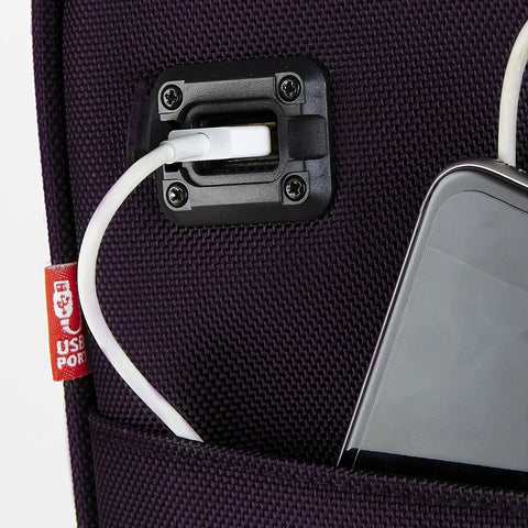 Underseat Carry-On Set 15 Inch Purple Roller Bag With USB Charging Port close-up showing USB port and polyester material
