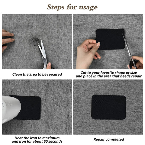 Steps for using White 3x60 Inch Iron On Fabric Repair Patch Kit For Clothes, showing cutting and ironing on gray fabric.