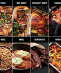 Collage showing 8 cooking modes with Woodfire Outdoor Pizza Oven 8 In 1 Portable Electric Roaster: pizza, roast, smoke, bake, and more.