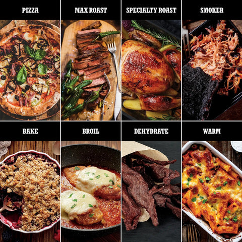 Collage showing 8 cooking modes with Woodfire Outdoor Pizza Oven 8 In 1 Portable Electric Roaster: pizza, roast, smoke, bake, and more.