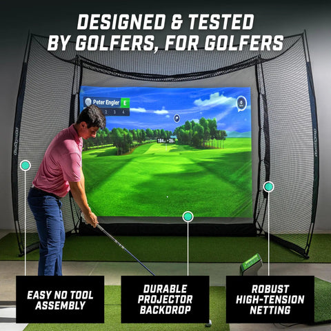 Golfer using Backyard Golf Practice Net Cage 10x8 Ft Enclosed Swing Zone With Side And Top Netting Impact Screen Included Simulator Ready