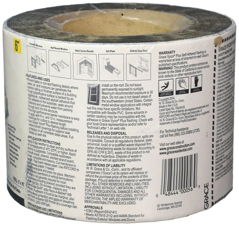 Vycor Flashing Tape Six Inch By Seventy Five Foot Ripcord Split Release packaging with installation instructions visible