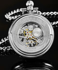 Back view of Men's Skeleton Pocket Watch With Hand Wind Mechanical Movement Stainless Steel Case And 12 Inch Chain