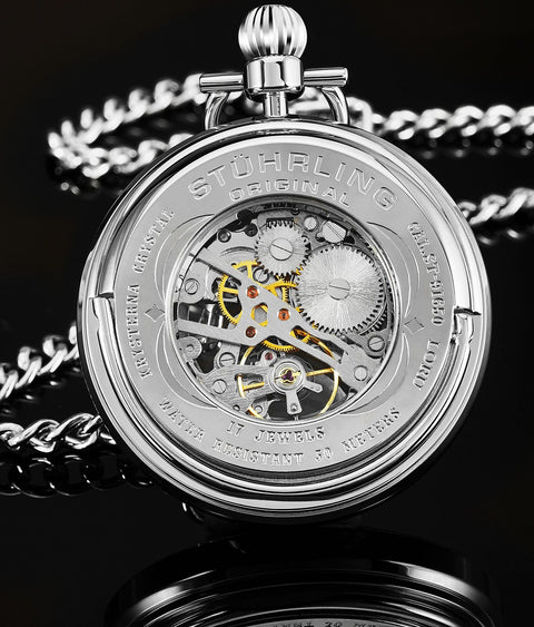 Back view of Men's Skeleton Pocket Watch With Hand Wind Mechanical Movement Stainless Steel Case And 12 Inch Chain