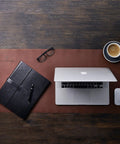Top view of Premium PU Leather Desk Mat Large 36 By 17 Inches Dark Brown Office Keyboard And Mouse Pad on a desk setup.
