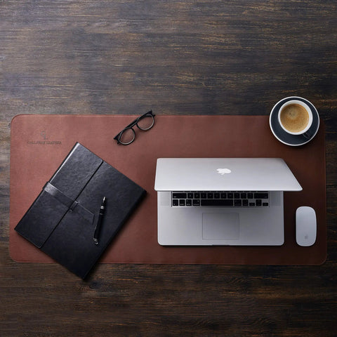 Top view of Premium PU Leather Desk Mat Large 36 By 17 Inches Dark Brown Office Keyboard And Mouse Pad on a desk setup.