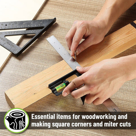 Hands using Rafter And Combination Square Tool Set For Woodworking, with 7 inch rafter and 12 inch aluminum carpenter square on wood