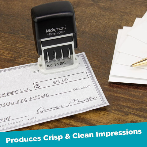 Heavy Duty Self Inking Date Stamp Drop Dead Easy To Use Slick Black Housing 1 8 X 3 4 Inch impression on a check.