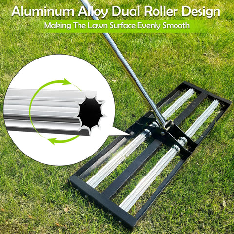 30x10 Inch Lawn Leveling Rake with Aluminum Rollers and Stainless Steel Build shown on grass