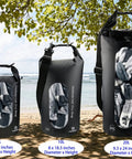 Waterproof Dry Bag Set Of 3 With Double Zip Locks Includes Waist Pouch And IPX8 Phone Case, sizes 5L 10L 20L, on a beach