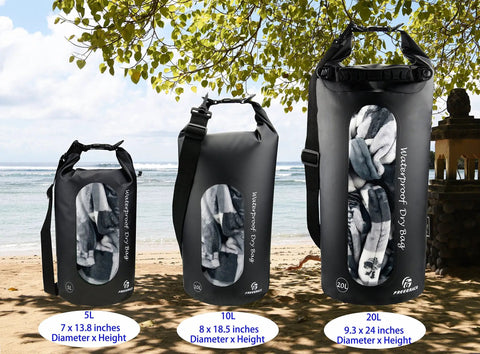 Waterproof Dry Bag Set Of 3 With Double Zip Locks Includes Waist Pouch And IPX8 Phone Case, sizes 5L 10L 20L, on a beach