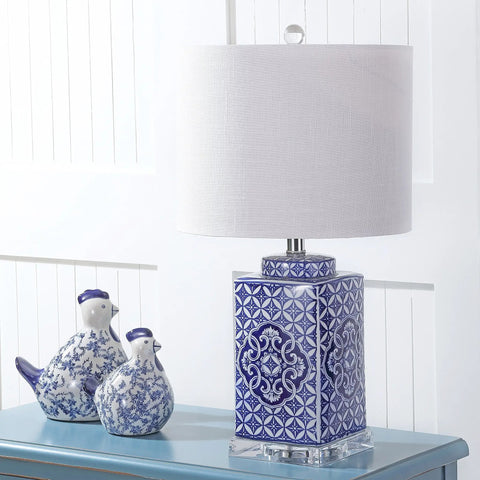 Blue And White Chinoiserie Ceramic Table Lamp With White Linen Drum Shade, Classic Hand Painted Bedside Lamp, 23 Inches Tall, LED Bulb