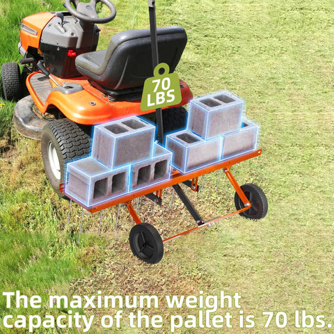 40 Inch Orange Tow Behind Dethatcher With 24 Spring Steel Tines For Removing Thatch Leaves And Needles From Large Lawns Heavy Duty Pull Behind Lawn Rake attached to a lawn tractor with cinder blocks on top to show weight capacity.