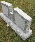 Custom Engraved Two Person Cemetery Memorial With Center Vase, Granite Headstone Double Monument, Companion Wing Upright Grave Marker For Loved Ones, Names And Dates Engraving With Proofs Included. Granite headstone with vases and engraved designs on grass.