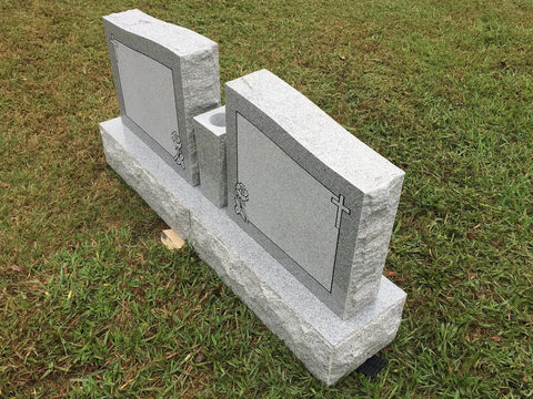 Custom Engraved Two Person Cemetery Memorial With Center Vase, Granite Headstone Double Monument, Companion Wing Upright Grave Marker For Loved Ones, Names And Dates Engraving With Proofs Included. Granite headstone with vases and engraved designs on grass.