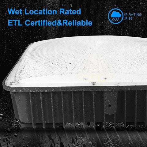 Close-up of Super Bright 50W LED Canopy Light 6000 Lumens 100 to 277V AC ETL Listed IP65 Waterproof Daylight White with rain on surface.