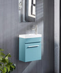 Compact 16 Inch Floating Bathroom Vanity With White Ceramic Vessel Sink Blue MDF Storage Cabinet Modern Minimalist Design