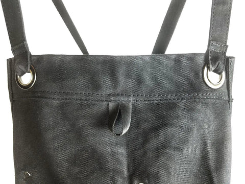 Close-up of Deluxe Waxed Canvas Tool Apron showing crossback straps and grommets, ideal for all-day comfort.