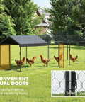 Large Outdoor Metal Chicken Coop Run With Weatherproof Anti UV Cover 10 ft x 3.3 ft x 3.3 ft, dual doors, chickens inside