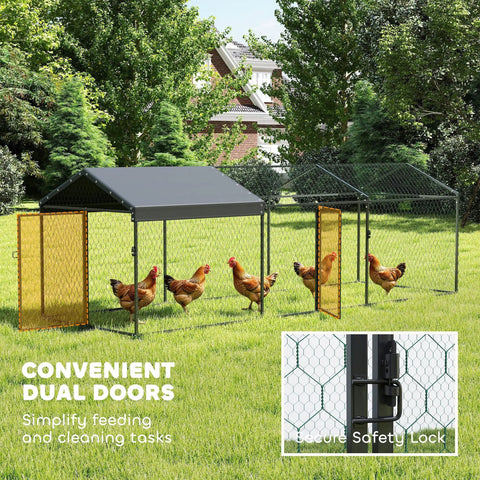 Large Outdoor Metal Chicken Coop Run With Weatherproof Anti UV Cover 10 ft x 3.3 ft x 3.3 ft, dual doors, chickens inside