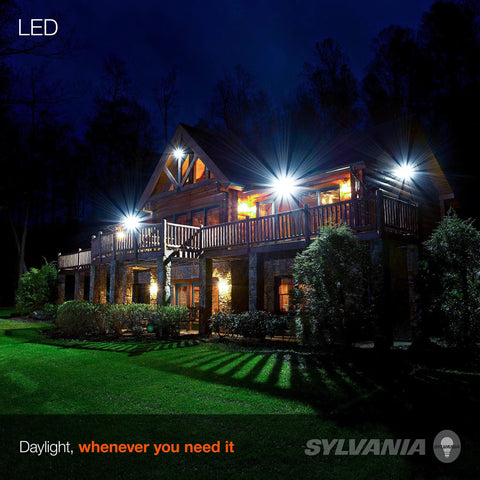 250W Equivalent LED PAR38 Flood Light Bulb 23W, 2 Pack, illuminating house exterior at night, showcasing brightness and coverage.