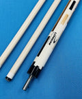 Top Shelf Carom Pool Cue For Three Cushion Billiards Featuring S30 E71 Maple Shafts And A Patented Vp2 Joint displayed on blue background.