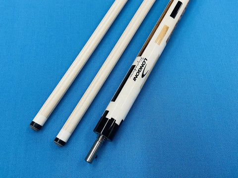 Top Shelf Carom Pool Cue For Three Cushion Billiards Featuring S30 E71 Maple Shafts And A Patented Vp2 Joint displayed on blue background.