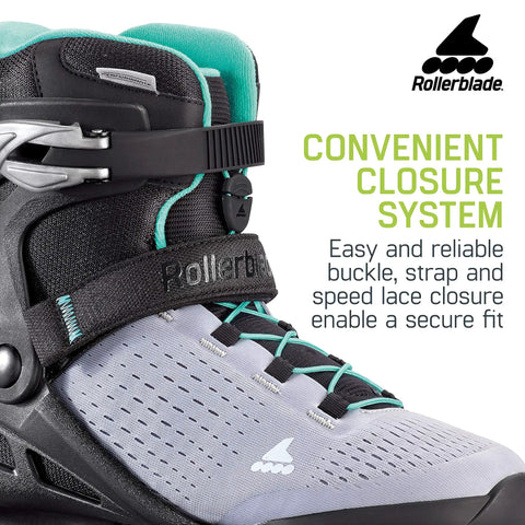 Close-up of Zetrablade Elite Women's Fitness Inline Skates showing buckle cuff, 45-degree strap, and speed laces for secure fit.