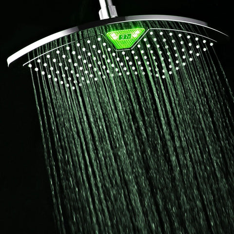 12 Inch Chrome Rainfall LED Shower Head With Color Changing LED LCD Temperature Display Curved Fan Design 123 Rub Free Jets Powered By Running Water No Batteries Needed Spa Quality Shower Experience