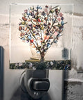 Stained Glass Tree Night Light Plug In With Fused Glass Chips In Purple Green And Blue, Handmade Decorative Accent Light