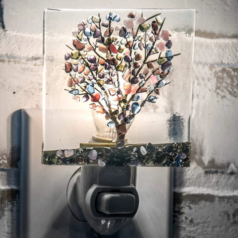 Stained Glass Tree Night Light Plug In With Fused Glass Chips In Purple Green And Blue, Handmade Decorative Accent Light
