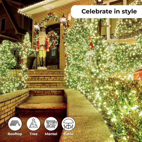 Outdoor scene with Cool White LED String Lights For Indoor Outdoor Decor 26.9 Ft Green Wire illuminating shrubbery and entrance.