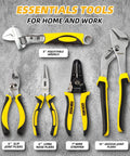 229 Piece Household Tool Set With 14 Inch Storage Bag Complete Home Repair Kit for Maintenance includes adjustable wrench, slip joint pliers, long nose pliers, wire stripper, and groove-joint pliers displayed.