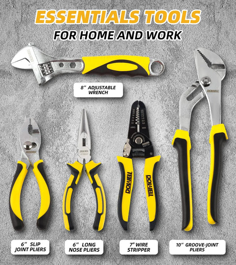 229 Piece Household Tool Set With 14 Inch Storage Bag Complete Home Repair Kit for Maintenance includes adjustable wrench, slip joint pliers, long nose pliers, wire stripper, and groove-joint pliers displayed.