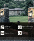 Two Hunnington One Outdoor Wall Lantern Light Fixture In Black, 1 Light, mounted on stone pillars at garden entrance.