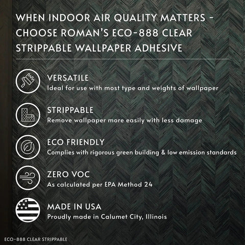 Clear Strippable Wallpaper Adhesive features and benefits on a textured background