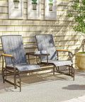 Two Person Outdoor Glider Bench With Built In Table For Patio Hangout Or Porch Gray Swing Loveseat With Breathable Mesh Seats Sturdy Steel Frame For Backyard Chill With A Friend shown on a porch