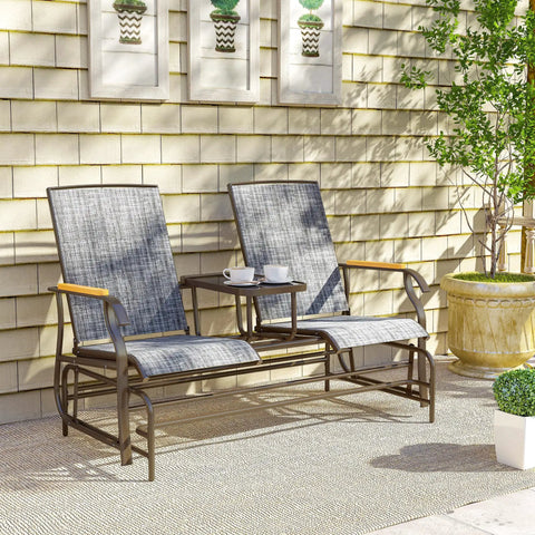 Two Person Outdoor Glider Bench With Built In Table For Patio Hangout Or Porch Gray Swing Loveseat With Breathable Mesh Seats Sturdy Steel Frame For Backyard Chill With A Friend shown on a porch